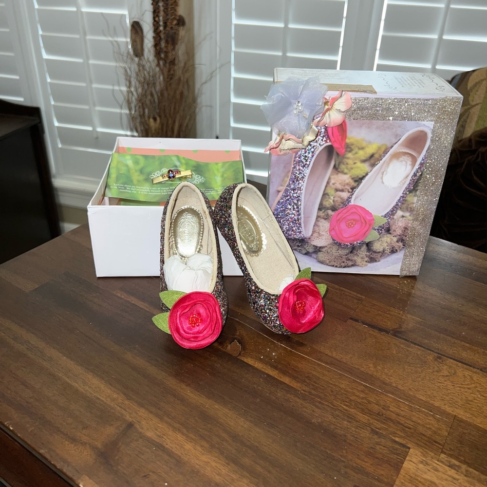 Joyfolie Sequin Chiffon￼ Rose Ballerina￼ Flats New in Bow & Clip sz 5-6 toddler